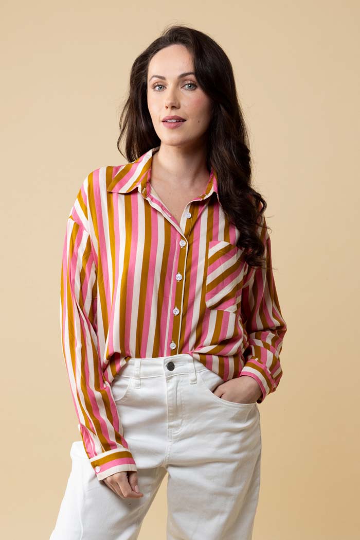 red pink striped shirt