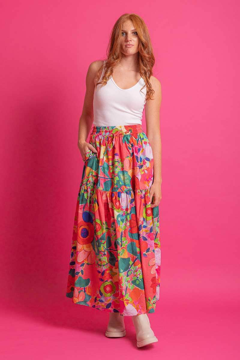 red floral maxi skirt