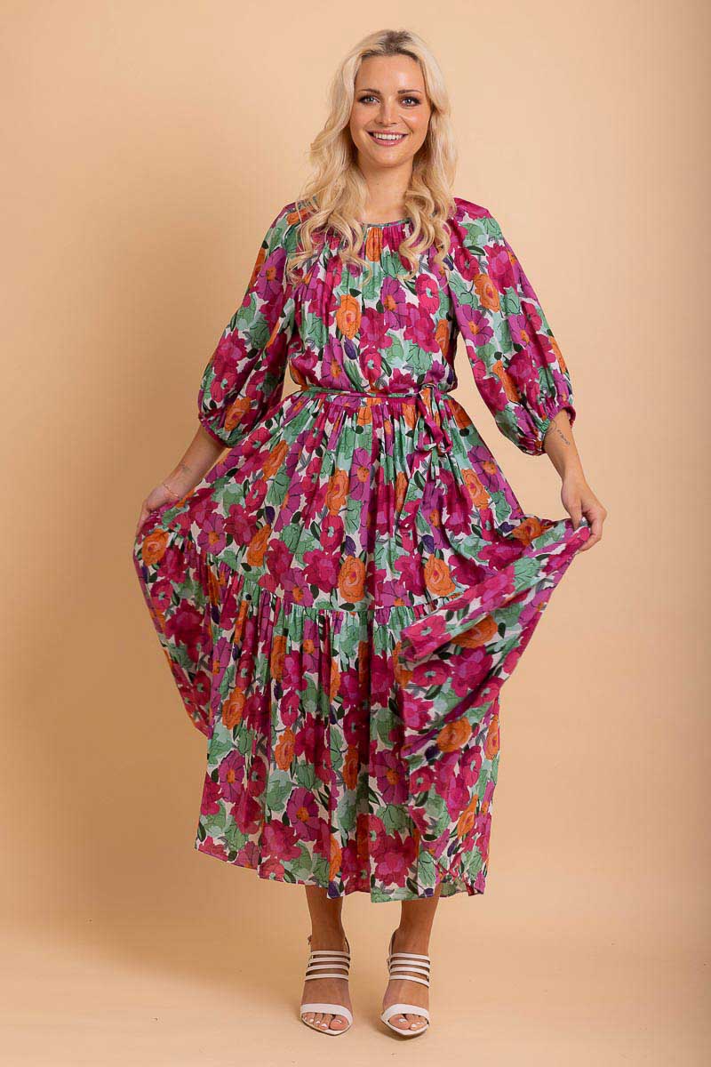 dark pink orange floral print maxi