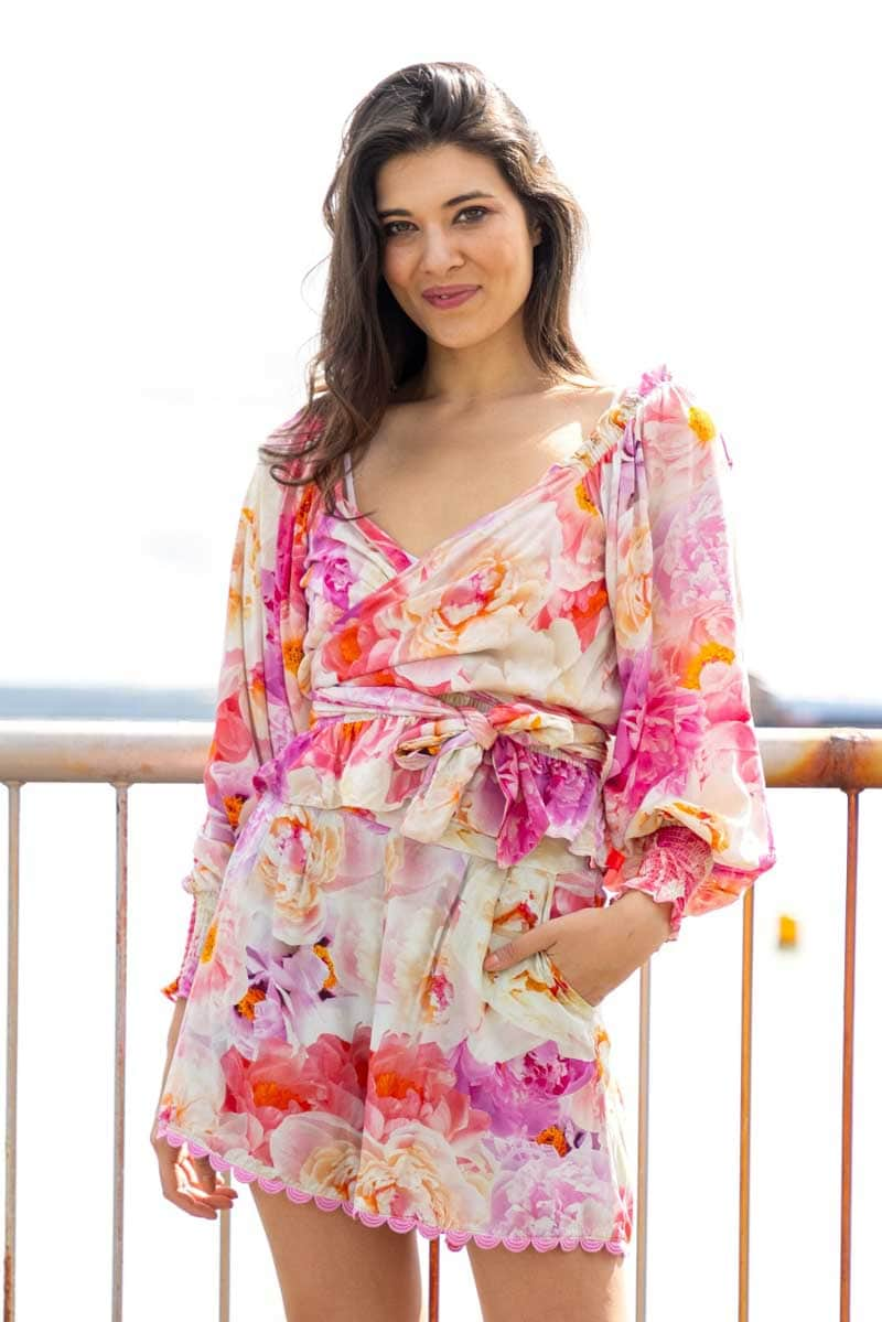 pink floral wrap top