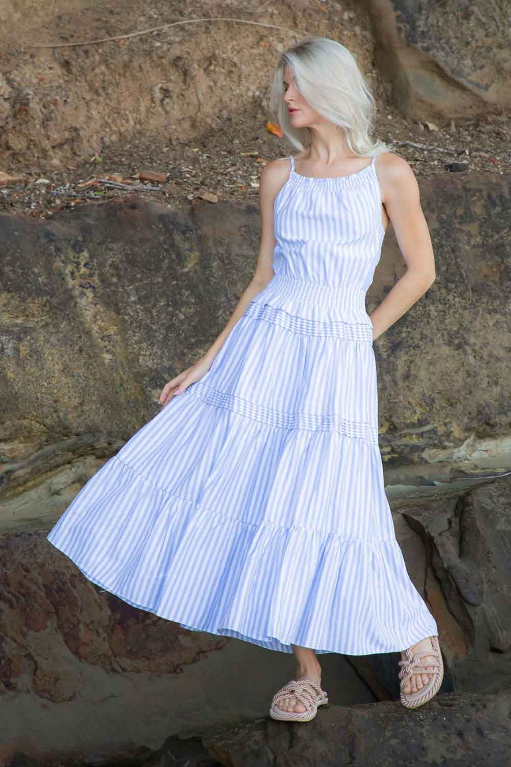 Blue stripe maxi dress hotsell