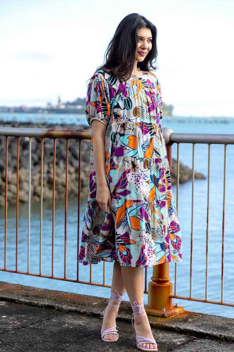 tiered floral midi dress