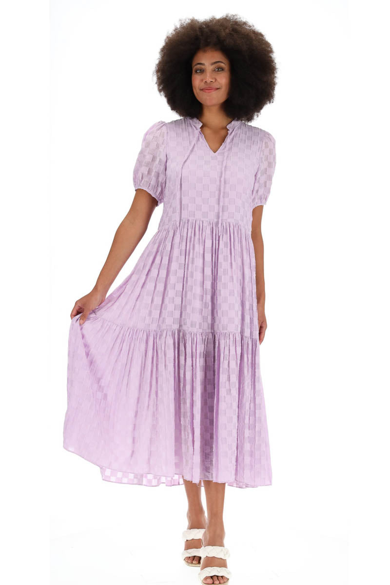 lilac check midi dress