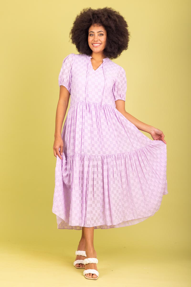 lilac check midi dress