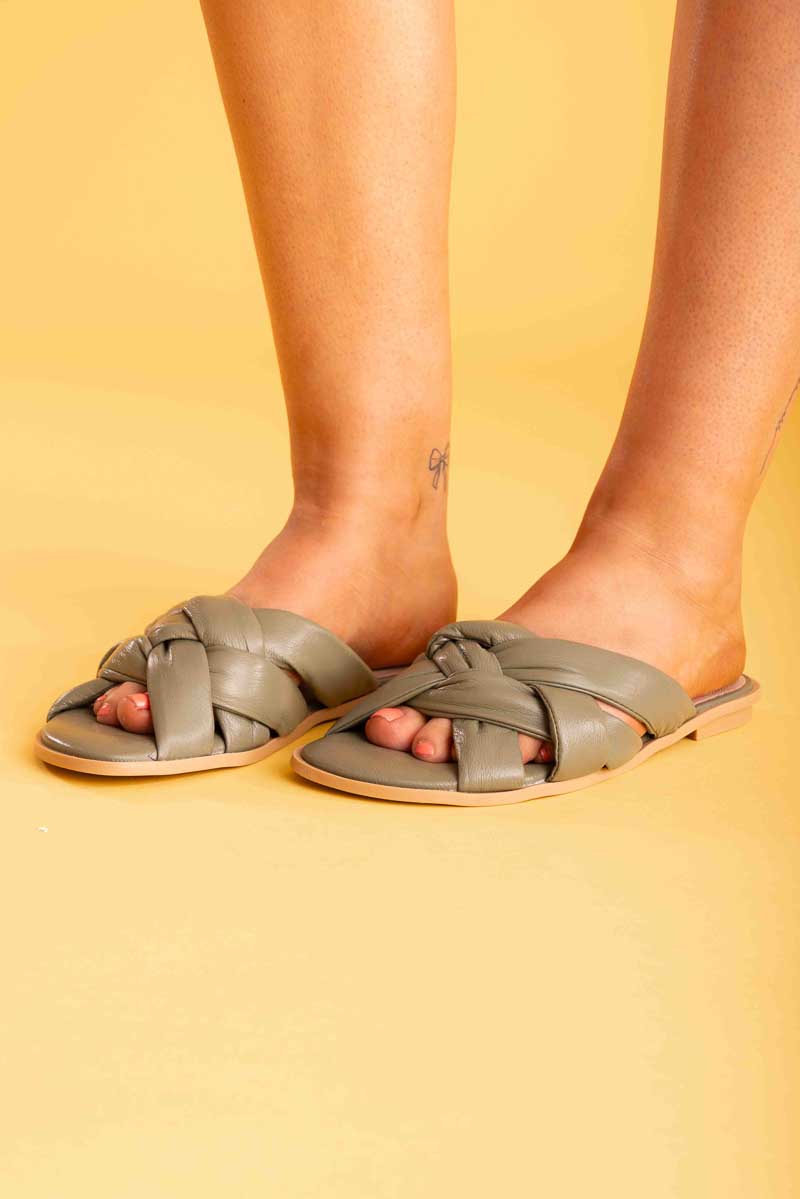 khaki green leather sandal