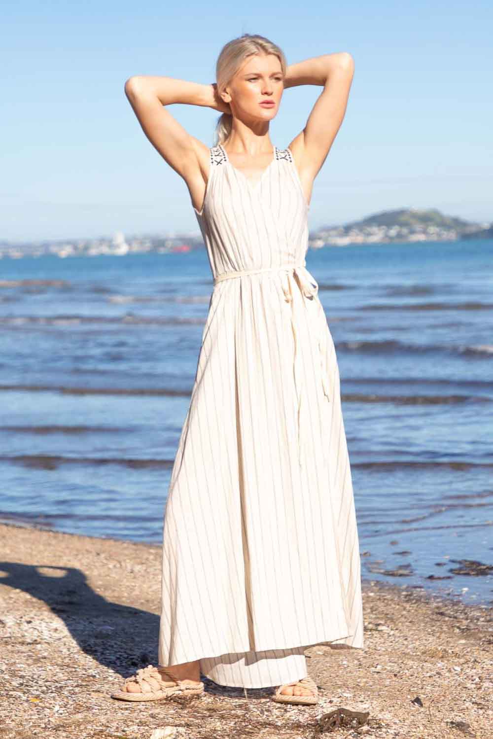 beige pinstripe wrap dress