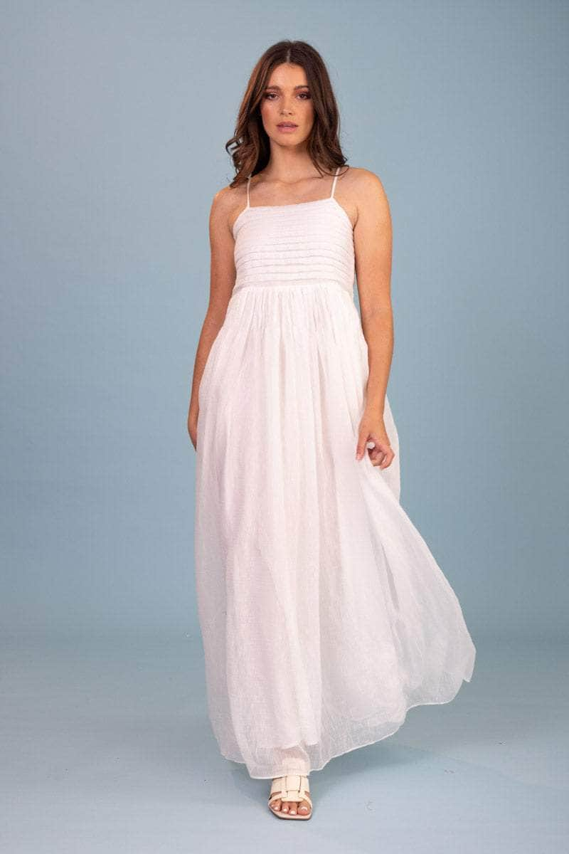 white pintuck maxi dress