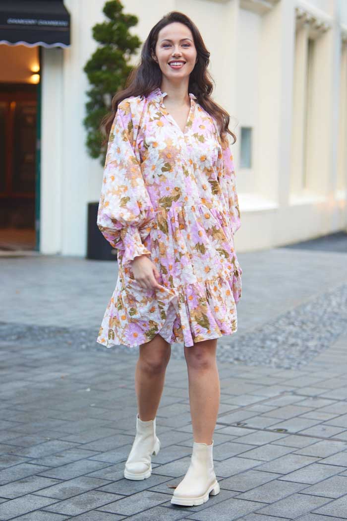 beige floral midi dress