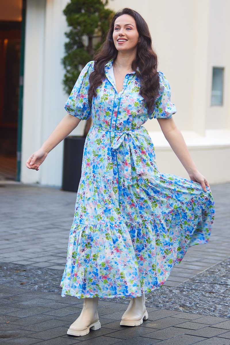 blue green floral print maxi dress