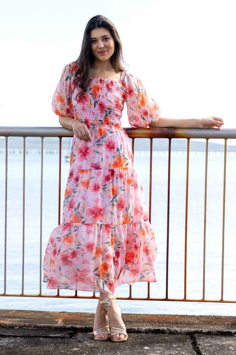 pink tiered maxi dress