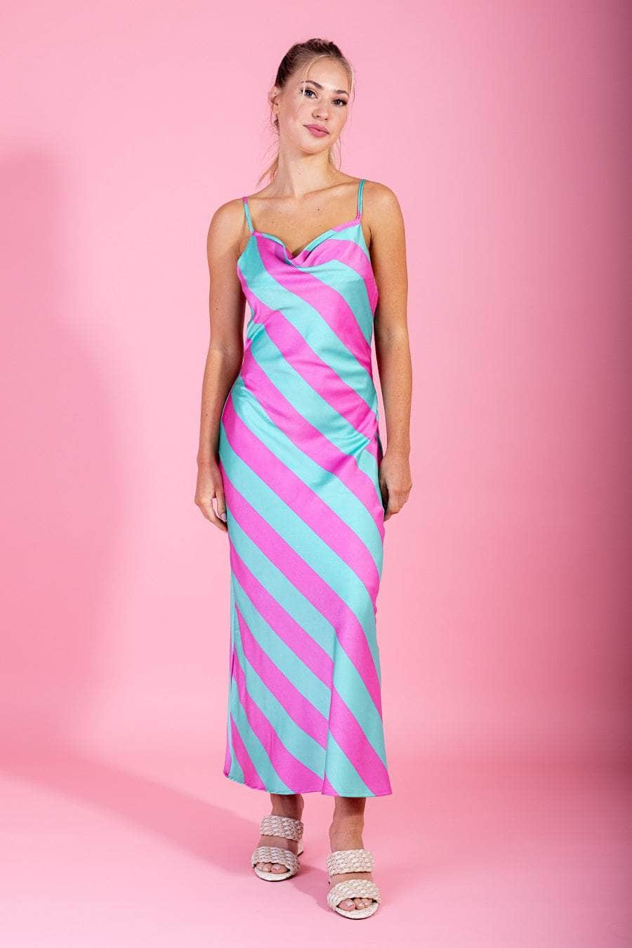 pink & teal striped midi dress