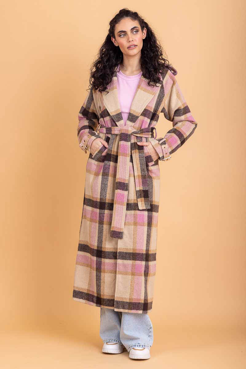 beige pink tartan long coat