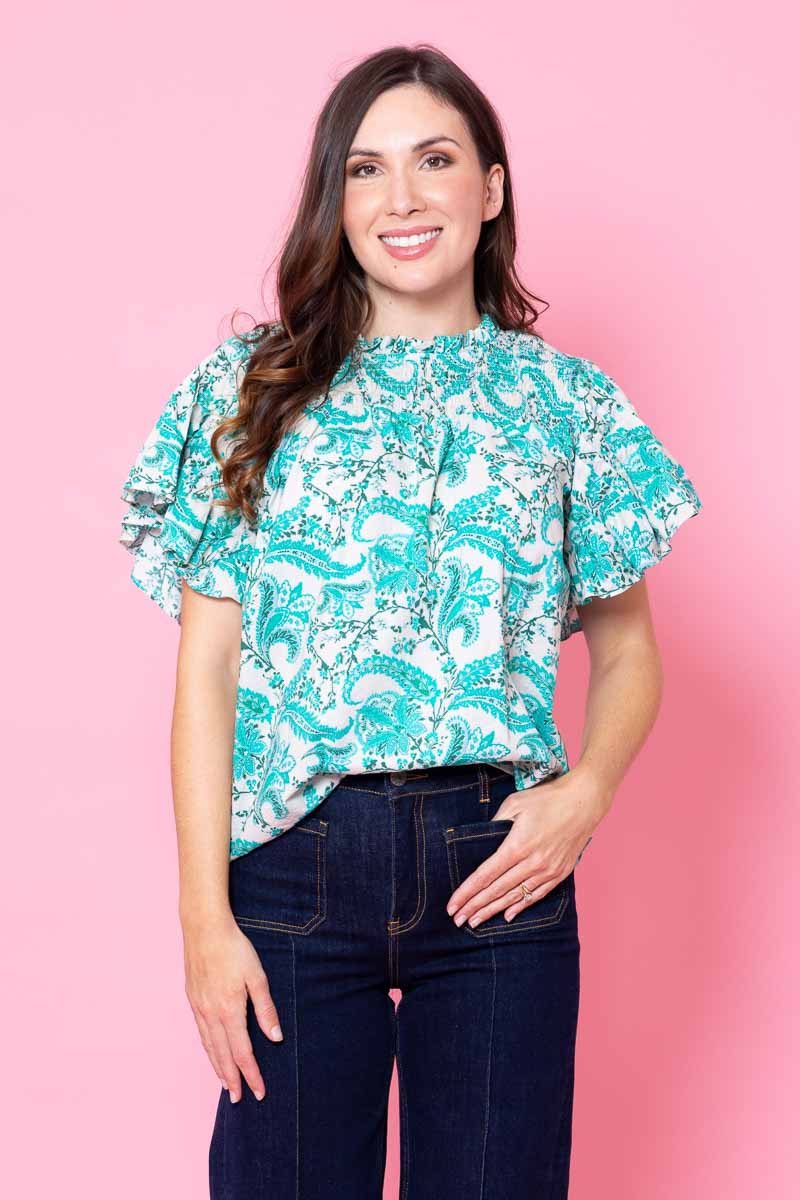 teal turquoise floral blouse top