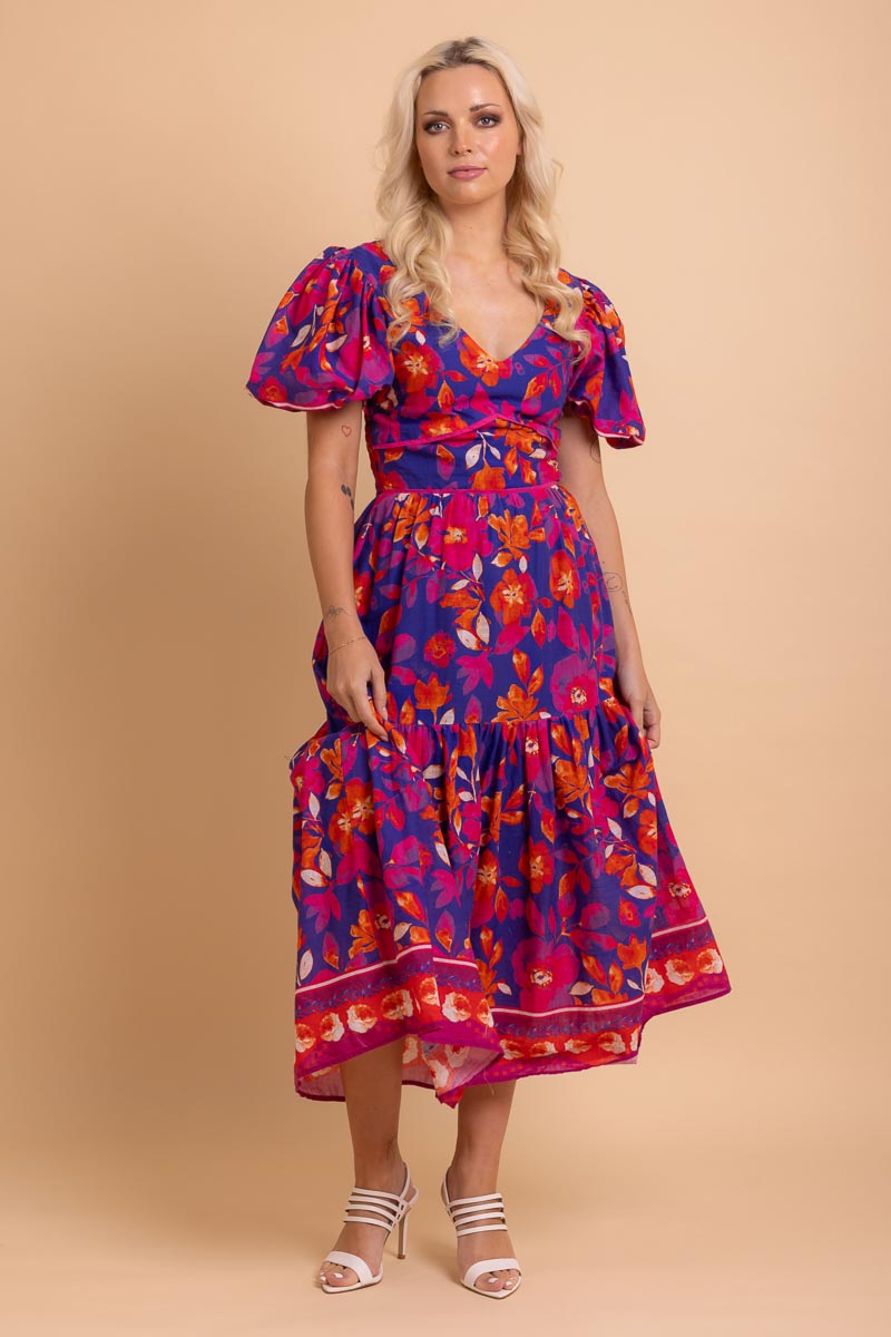 blue red pink floral midi dress