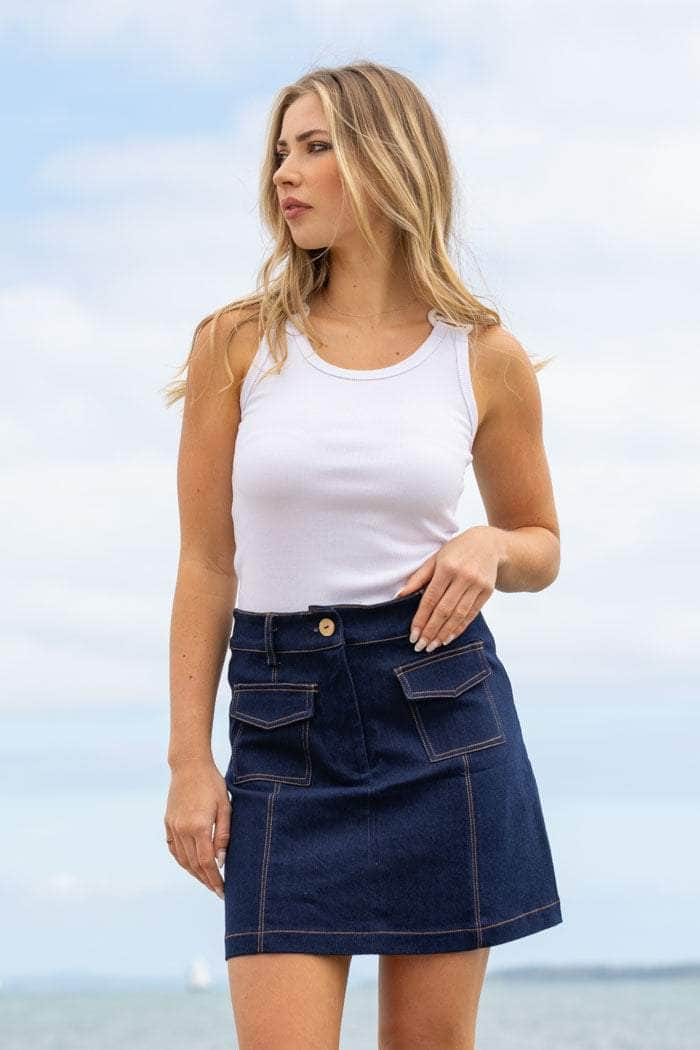 navy denim mini skirt