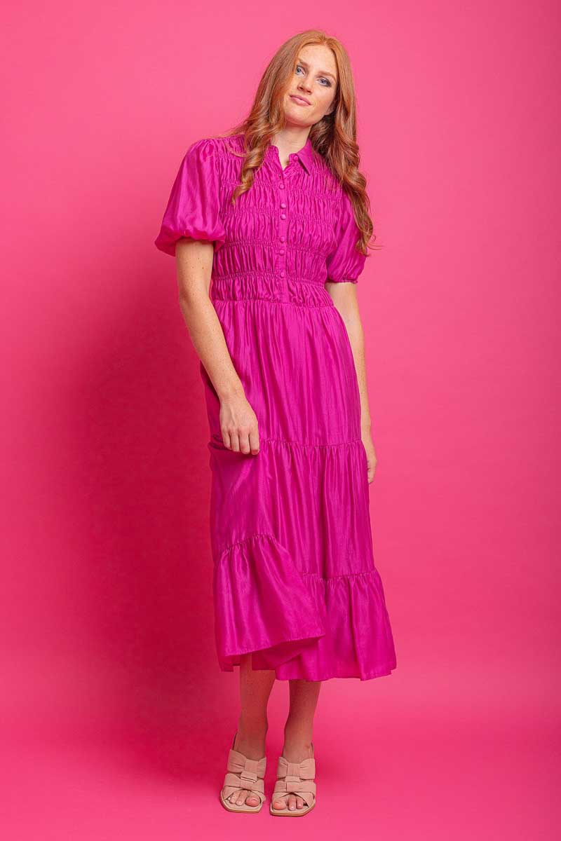 pink shirred midi dress