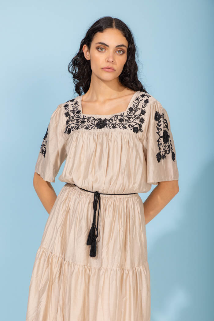 Stevie Dress Taupe Black Embroidery