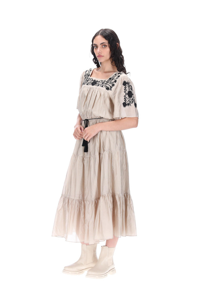 Stevie Dress Taupe Black Embroidery