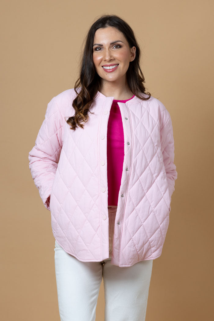 pink quilted bomber jacket