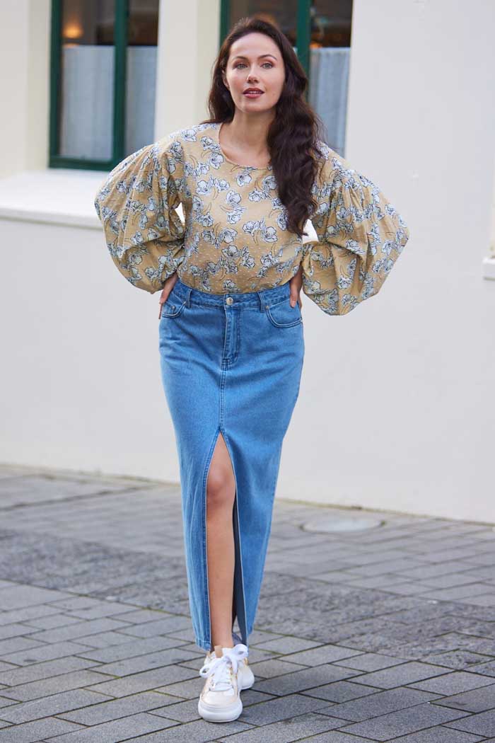 blue denim maxi skirt