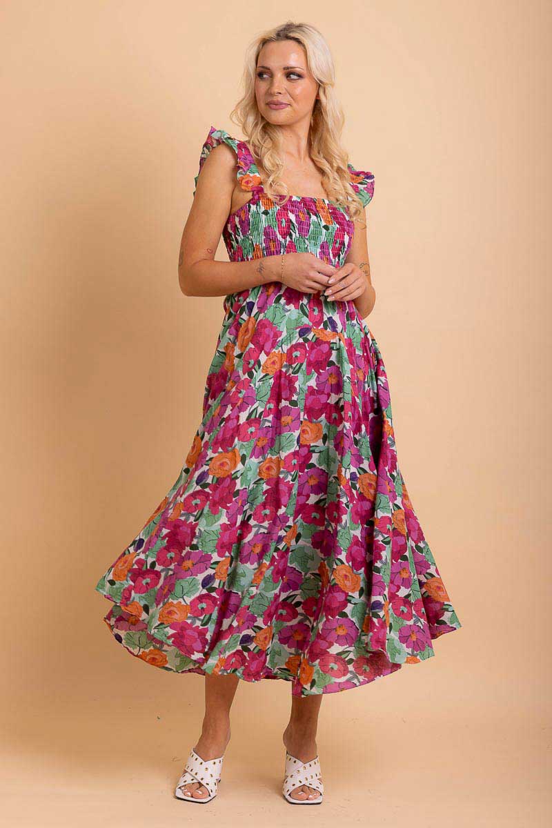 pink green orange floral midi maxi dress