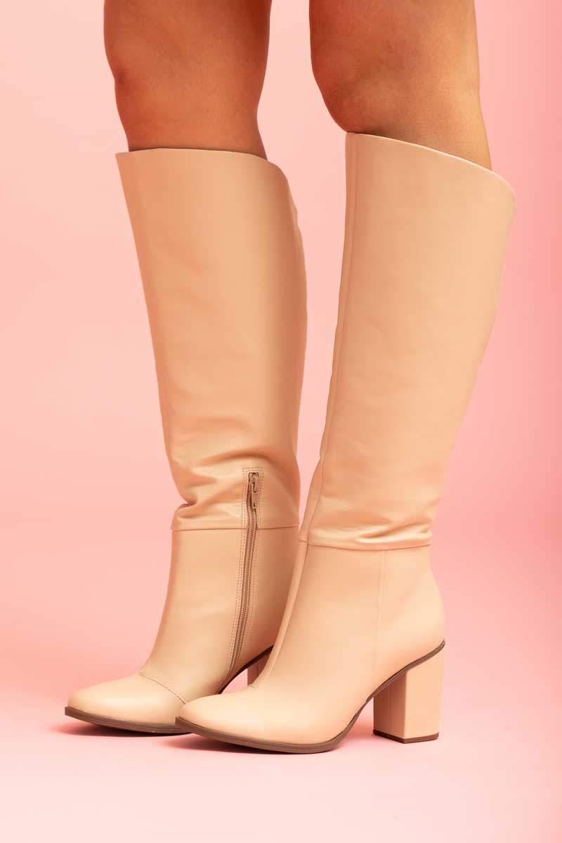 cream knee high boot heel