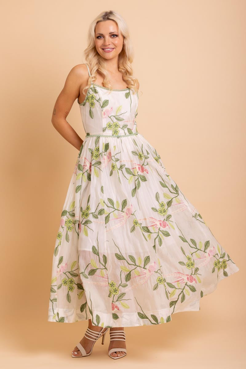 white midi dress green pink embroidered flowers