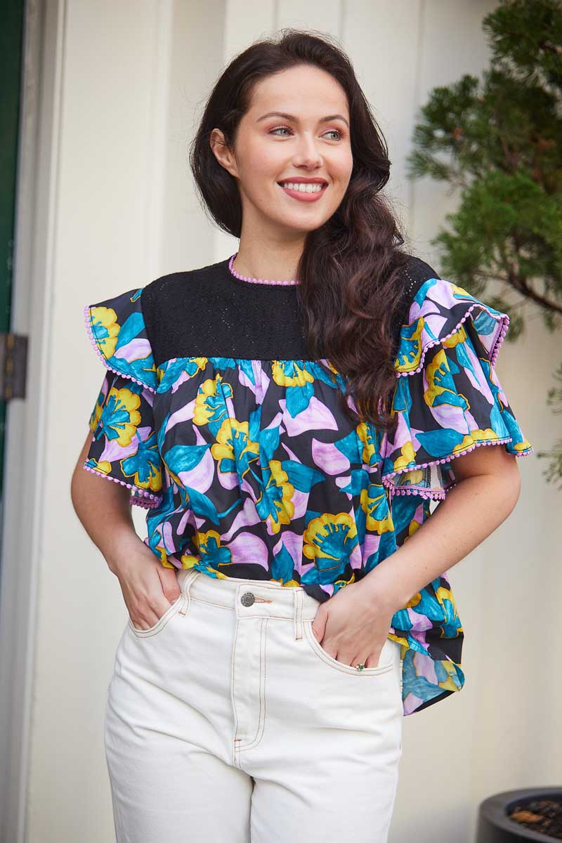 blue black lilac floral top