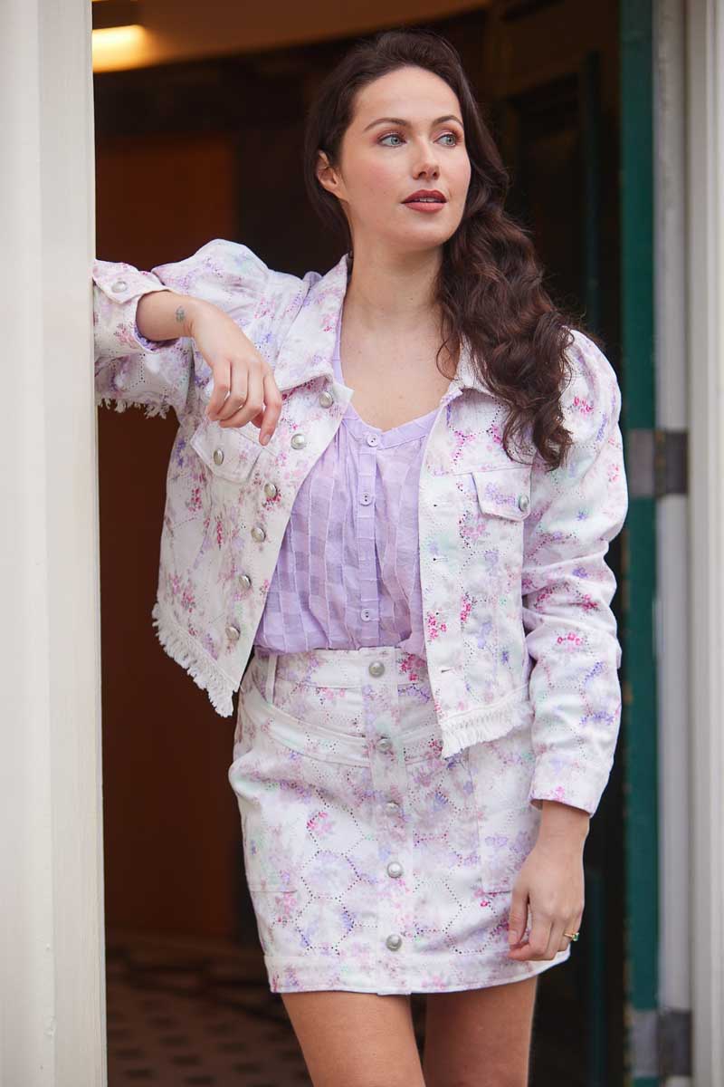 white lilac floral print denim jacket