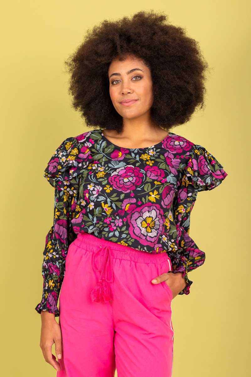 black purple pink floral print frilly top