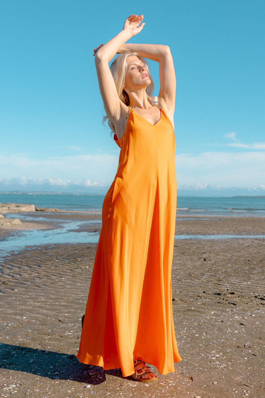 bright orange maxi dress