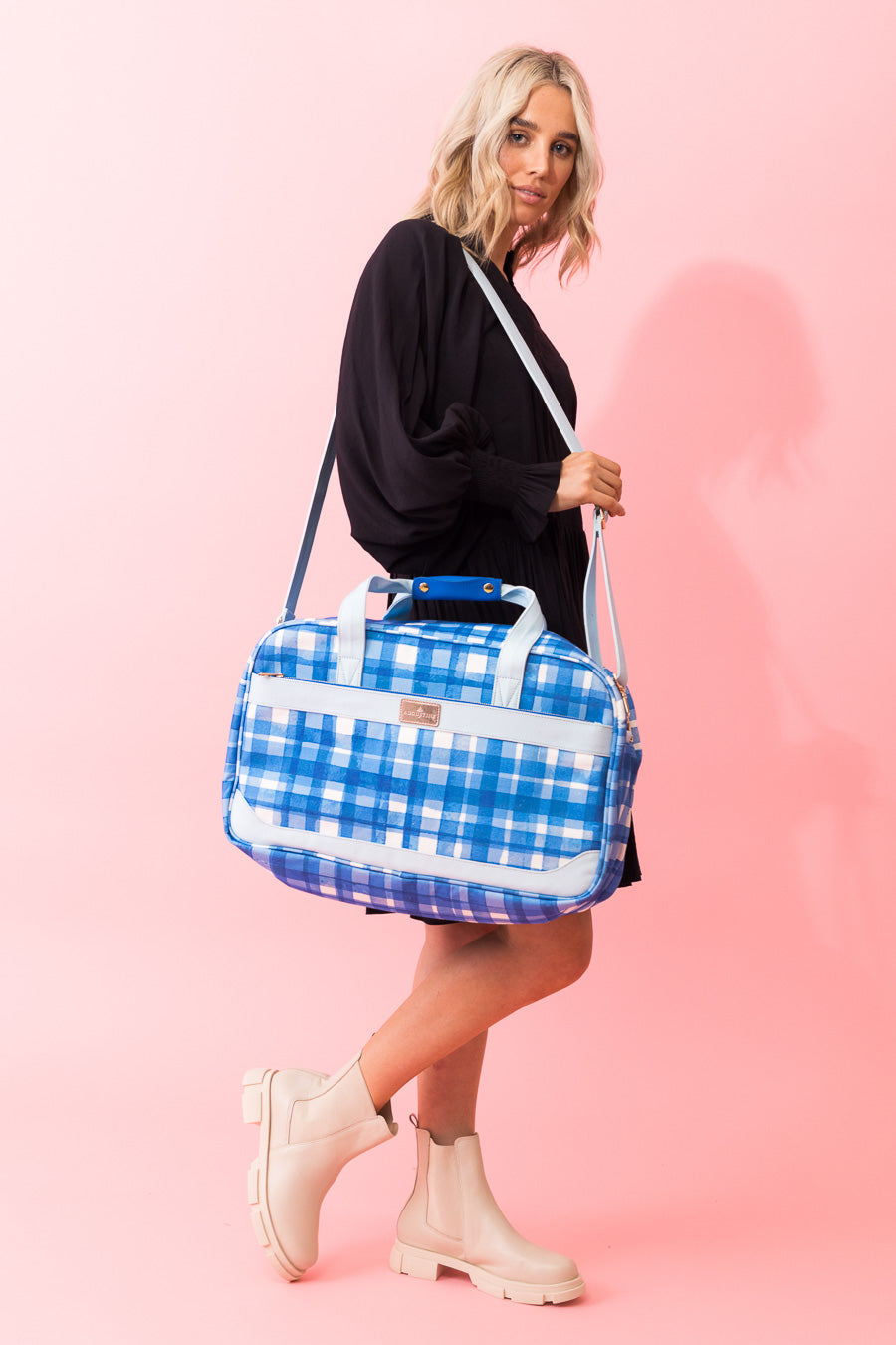 blue & white tartan print canvas overnight bag