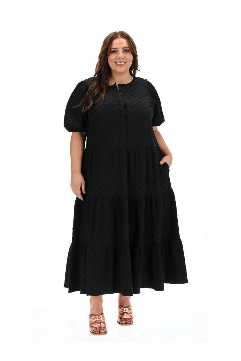 Cullom Puff Sleeve Midi Dress  Black