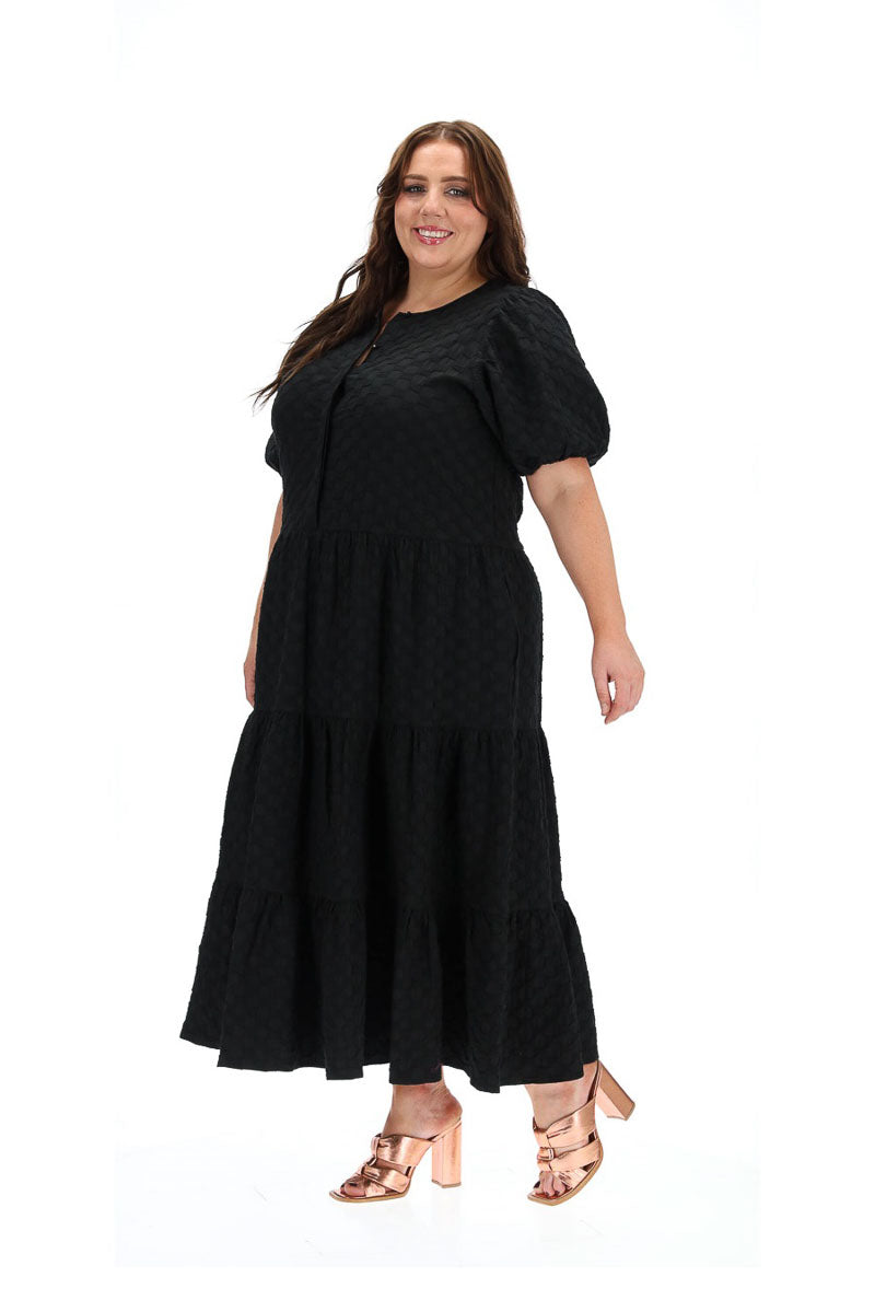 Cullom Puff Sleeve Midi Dress  Black