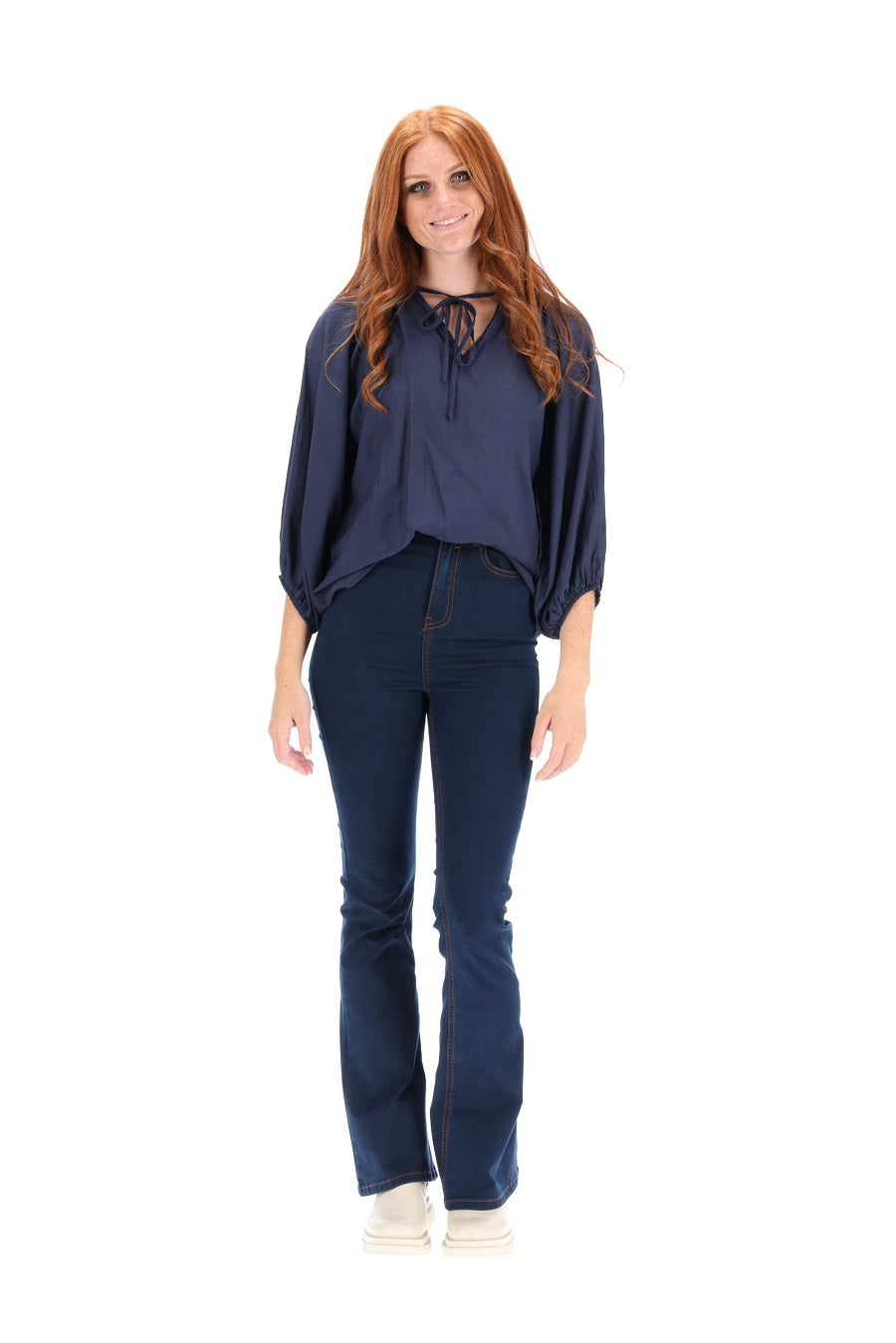 Navy natural viscose V neck top blouse tie up neck