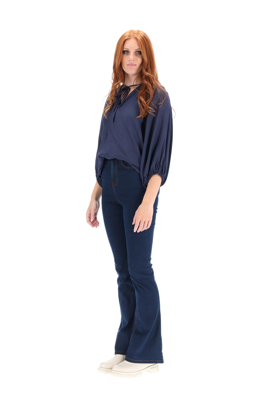 Navy natural viscose V neck top blouse tie up neck