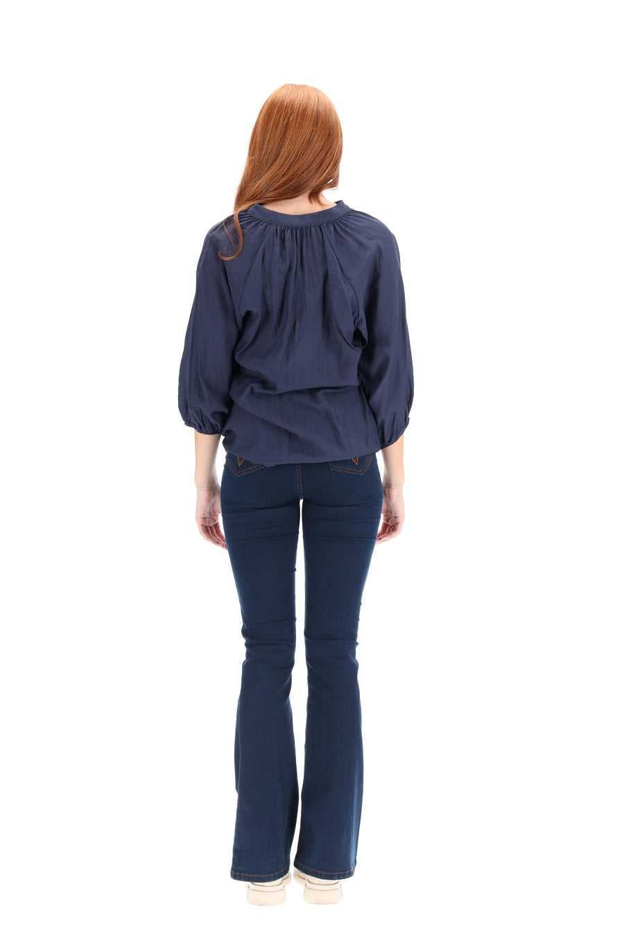 Navy natural viscose V neck top blouse tie up neck