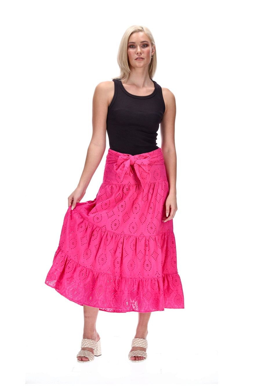 hot pink midi skirt