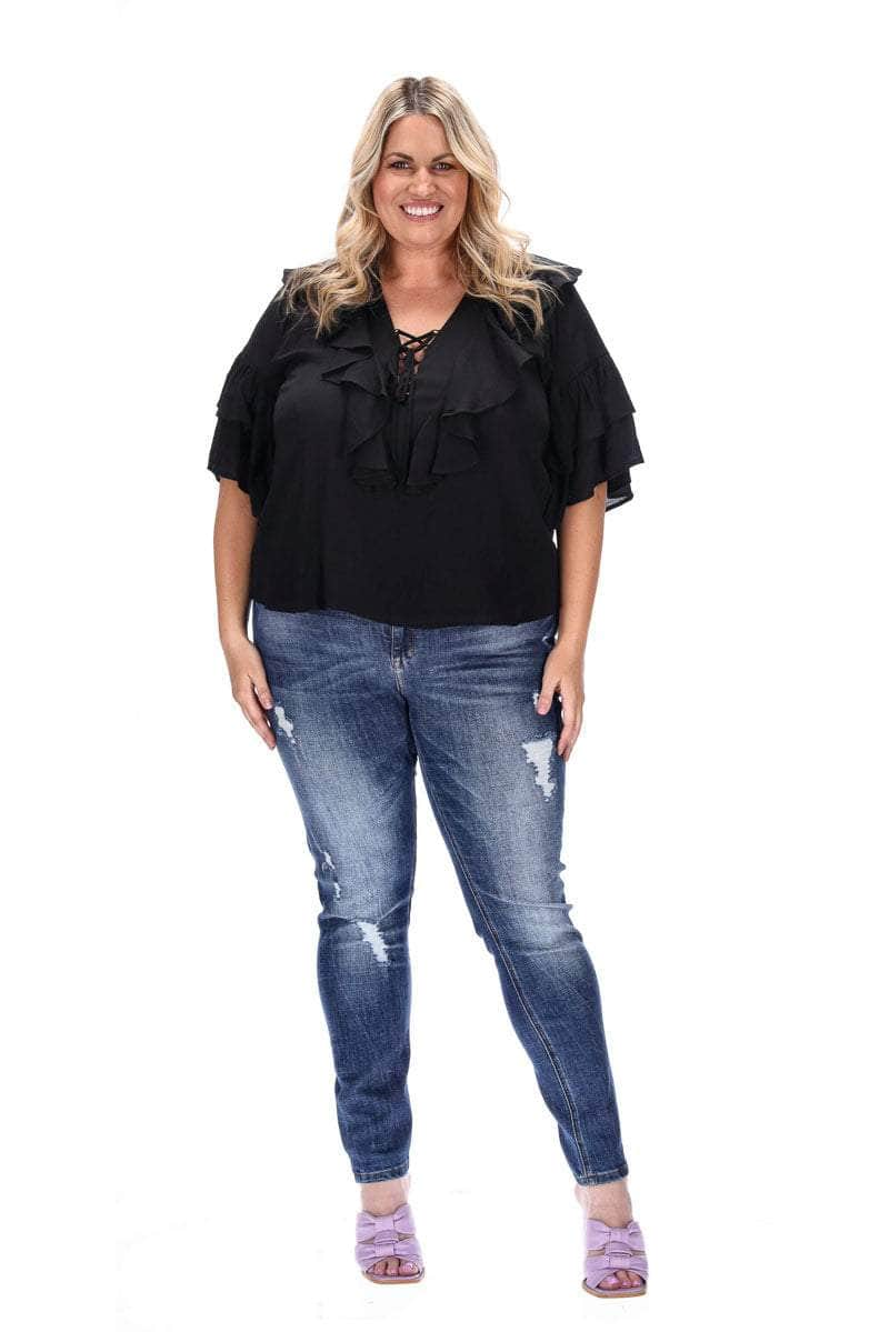 Black ruffle blouse plus size online