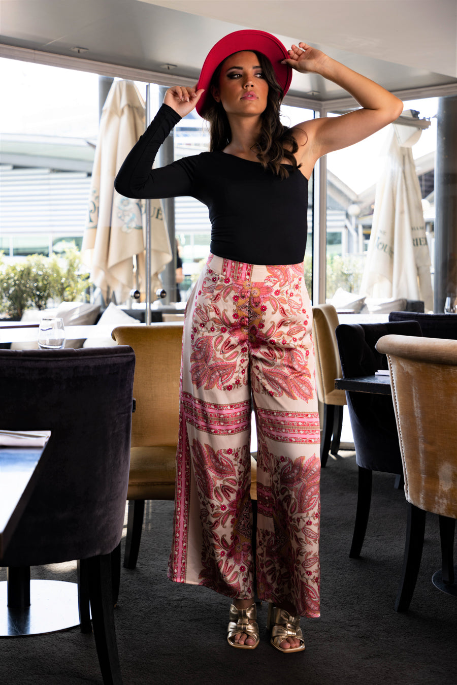 Wide Leg Pants Beige Pink Abstract Print