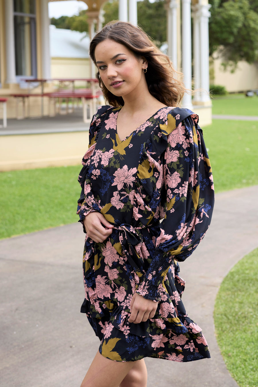 V Neck Mini Dress Black Floral Print