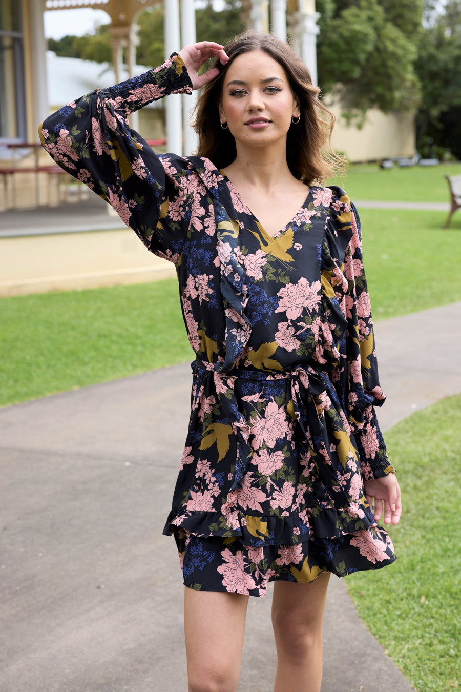 V Neck Mini Dress Black Floral Print