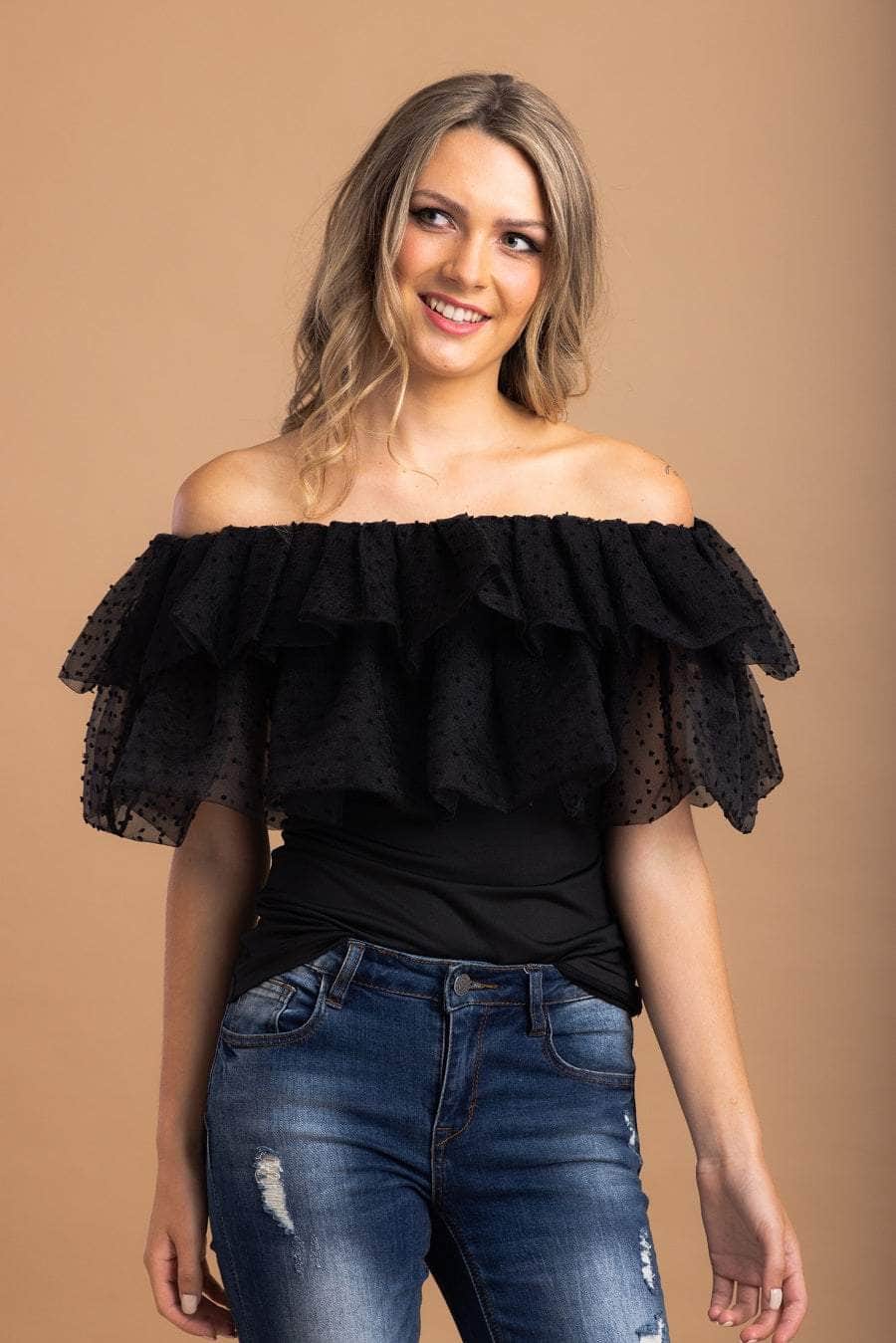 Black frill off the shoulder top clearance