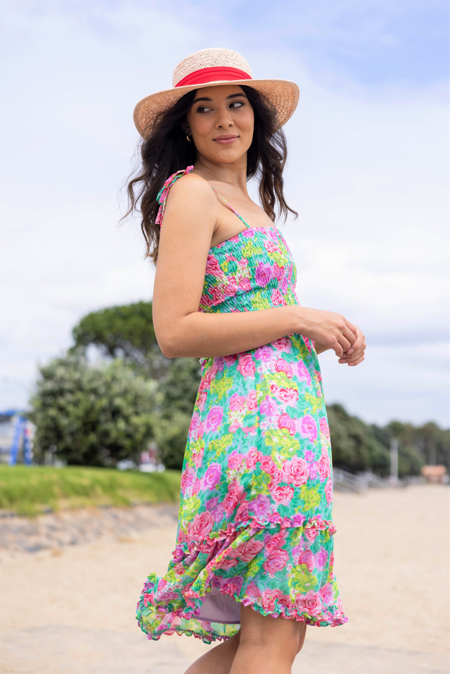 midi dress shirred bust green floral print