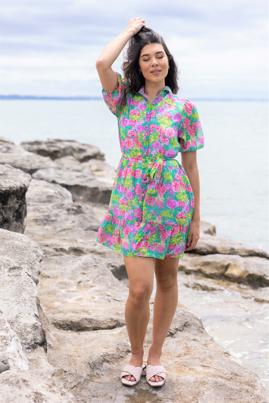 shirt dress mini green floral print