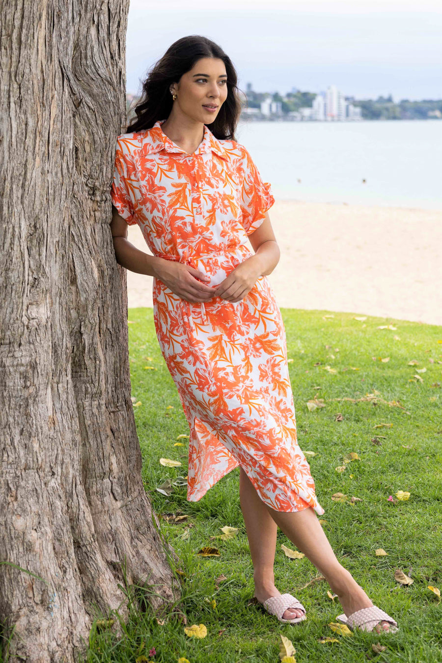 shirt style midi dress orange