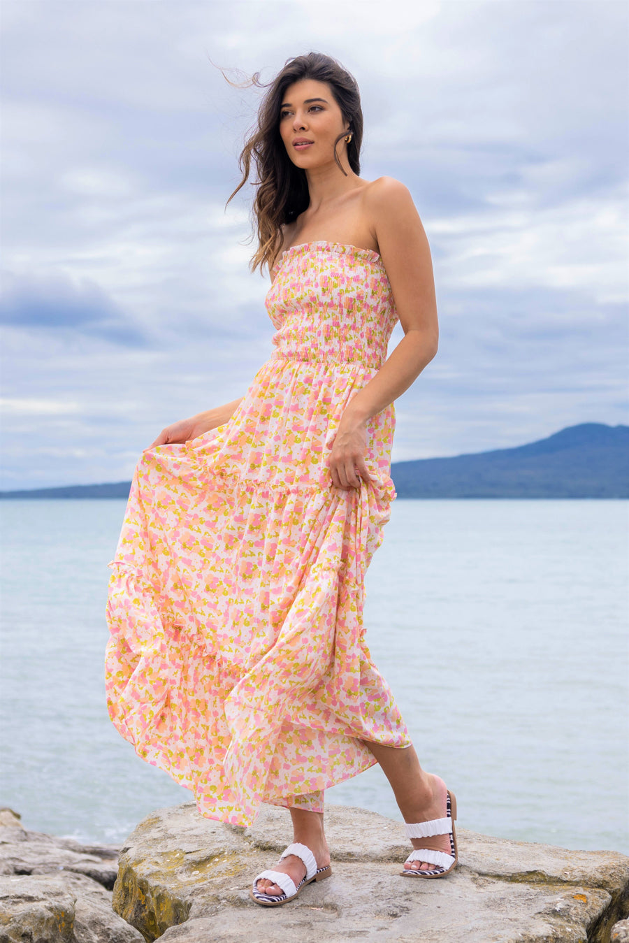 strapless maxi dress peach 