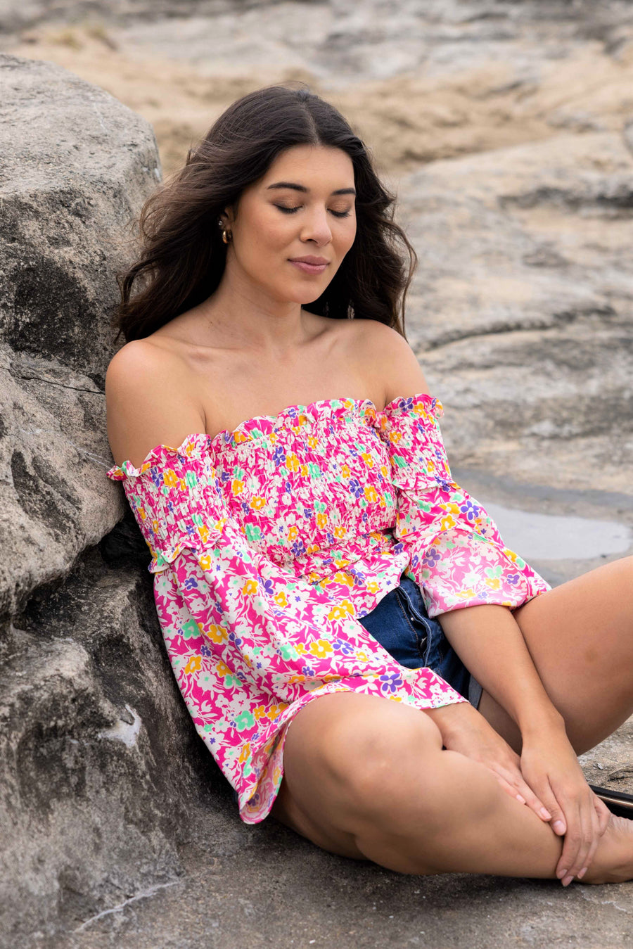 strapless top shirred bust pink floral print