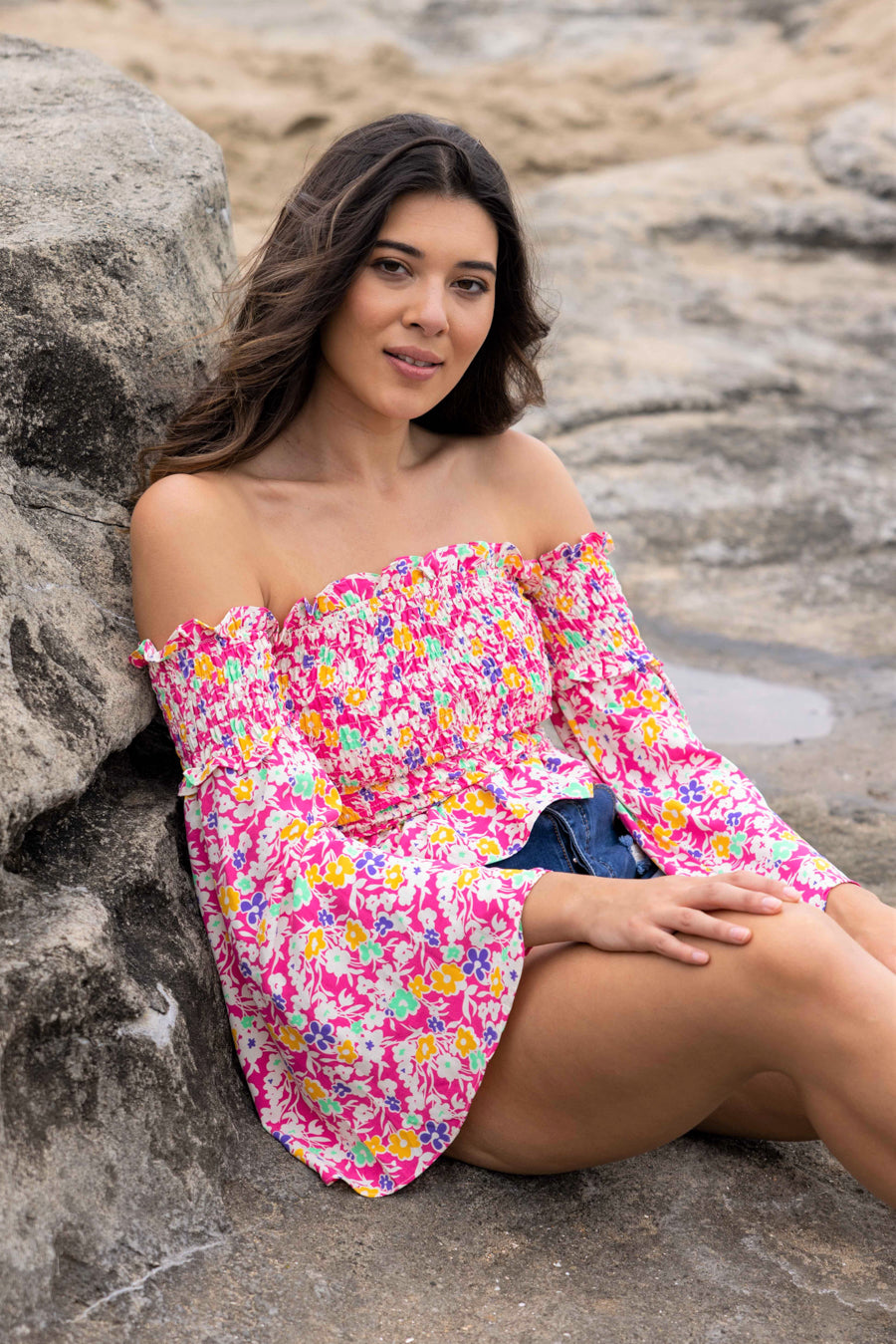 strapless top shirred bust pink floral print