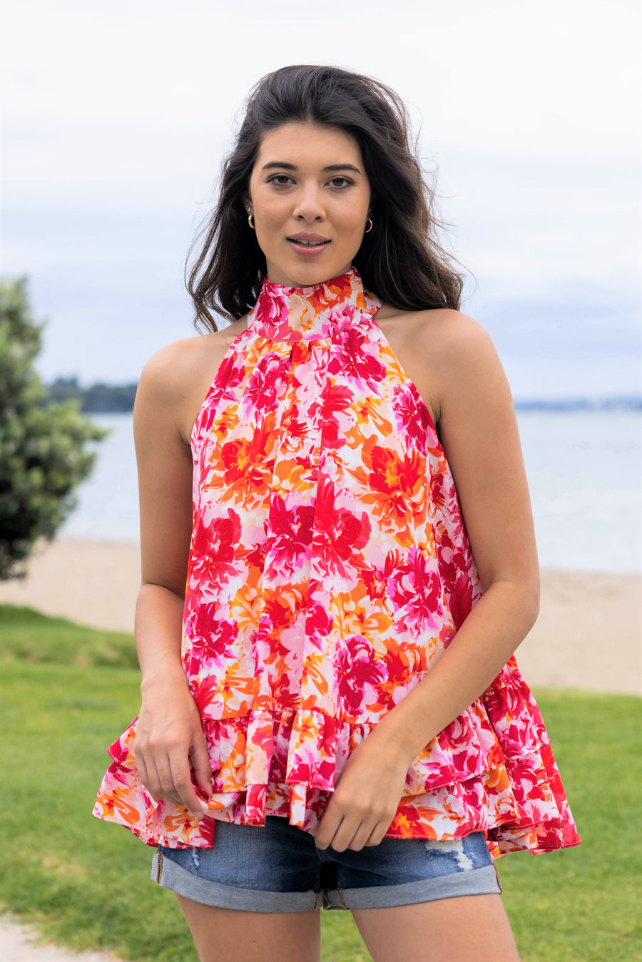 pink floral print halter neck top